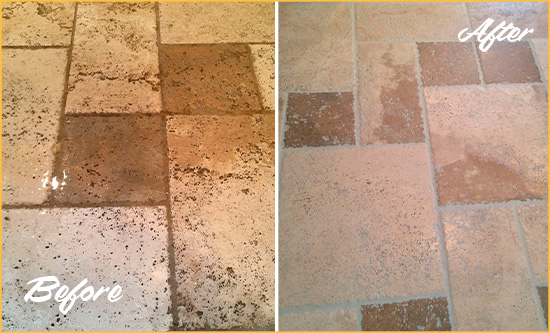 Picture of Travertine Floor and Grout Before and After Cleaning and Sealing to Remove Embedded Dirt