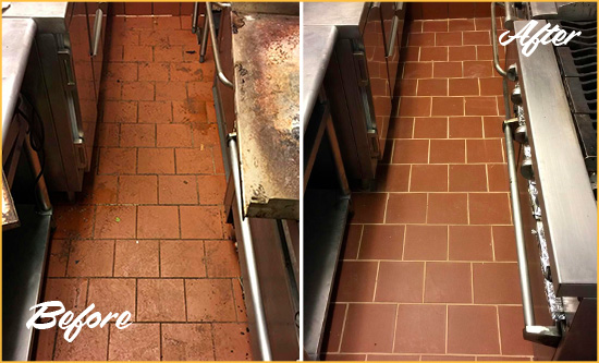 Before and After Picture of a Grosse Pointe Shores Restaurant Kitchen Tile and Grout Cleaned to Eliminate Dirt and Grease Build-Up