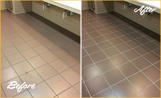 Before and After Picture of a Grosse Pointe Shores Restrooms Tile and Grout Cleaned to Remove Embedded Dirt