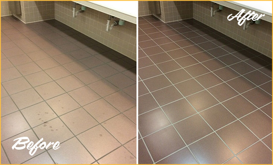 Before and After Picture of a Clawson Restrooms Tile and Grout Cleaned to Remove Embedded Dirt