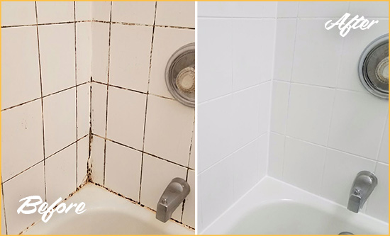 Before and After Picture of a Roseville Shower Tile and Grout Cleaned to Eliminate Mold