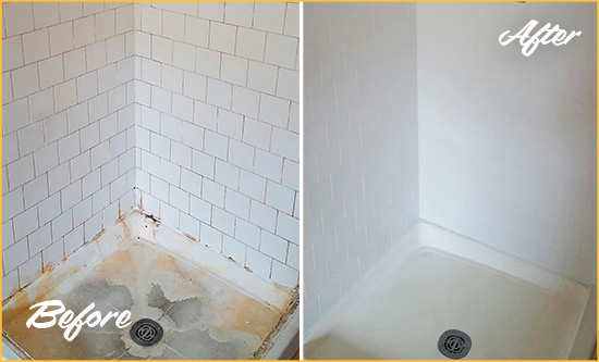 Before and After Picture of a Berkley Shower Tile and Grout Cleaned to Remove Soap Scum