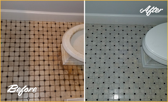 Before and After Picture of a Grosse Pointe Shores Bathroom Tile and Grout Cleaned to Remove Stains