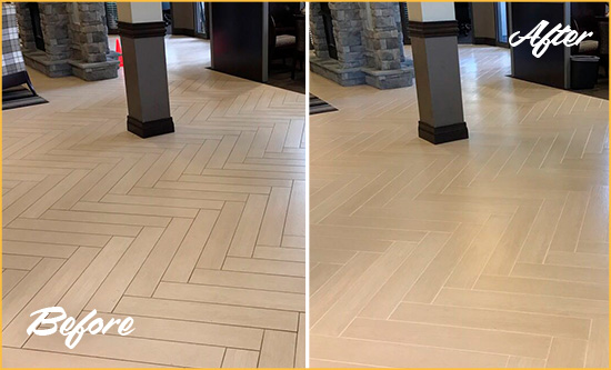Before and After Picture of a Grosse Pointe Shores Office Floor Tile and Grout Cleaned to Remove Stains