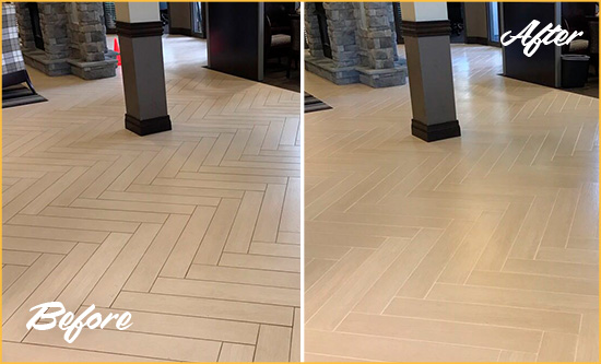 Before and After Picture of a Birmingham Office Floor Tile and Grout Cleaned to Remove Stains