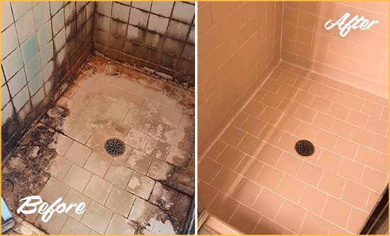 Before and After Picture of a Berkley Shower Tile and Grout Cleaned to Repair Water Damage