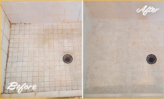 Before and After Picture of a Detroit Shower Caulked to Fix Cracks