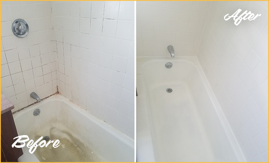 Before and After Picture of a Mount Clemens Bathtub Caulked to Repair Cracks