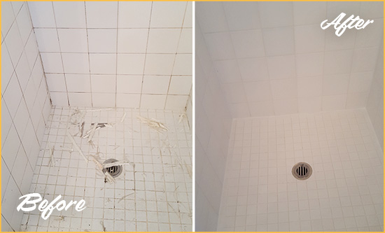 Before and After Picture of a Grosse Pointe Park Bathroom Re-Caulked To Repair Damaged Caulking