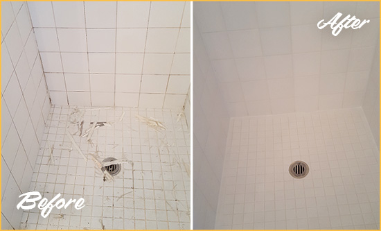 Before and After Picture of a Mount Clemens Bathroom Re-Caulked To Repair Damaged Caulking