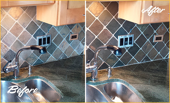 Before and After Picture of a Grosse Pointe Backsplash Caulked to Fix and Prevent Water Leaks