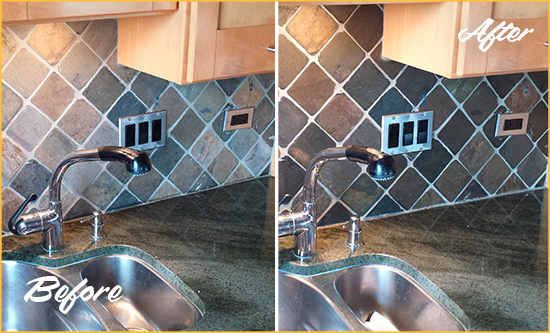 Before and After Picture of a Grosse Pointe Shores Backsplash Caulked to Fix and Prevent Water Leaks