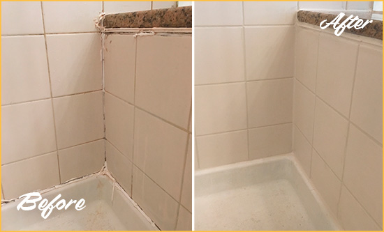 Before and After Picture of a Grosse Pointe Shower Caulked to Repair Damaged Caulking