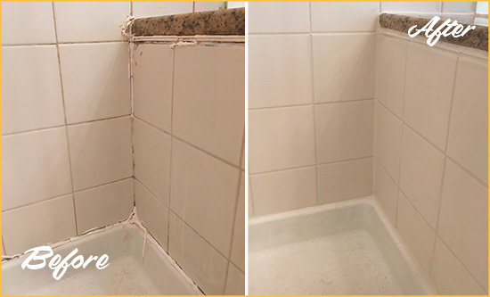 Before and After Picture of a Harper Woods Shower Caulked to Repair Damaged Caulking