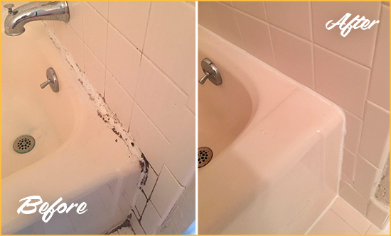 Before and After Picture of a Birmingham Bathroom Sink Caulked to Fix a DIY Proyect Gone Wrong