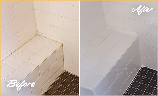Before and After Picture of a Harper Woods Shower Seat Caulked to Protect Against Mold and Mildew Growth