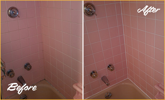 Before and After Picture of a Detroit Bathtub Caulked to Eliminate Mold