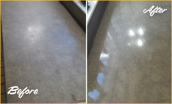 Before and After Picture of a Dull Harrison Township Limestone Countertop Polished to Recover Its Color