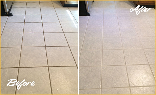 Before and After Picture of a Grosse Pointe Shores Kitchen Ceramic Floor Sealed to Protect From Dirt and Spills