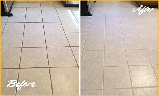 Before and After Picture of a Clinton Township Kitchen Ceramic Floor Sealed to Protect From Dirt and Spills