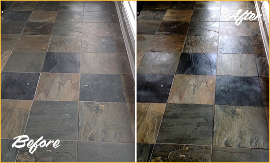 Before and After Picture of a Dull Grosse Pointe Shores Slate Floor Sealed to Bring Back Its Colors