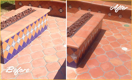 Before and After Picture of a Dull Grosse Pointe Shores Terracotta Patio Floor Sealed For UV Protection