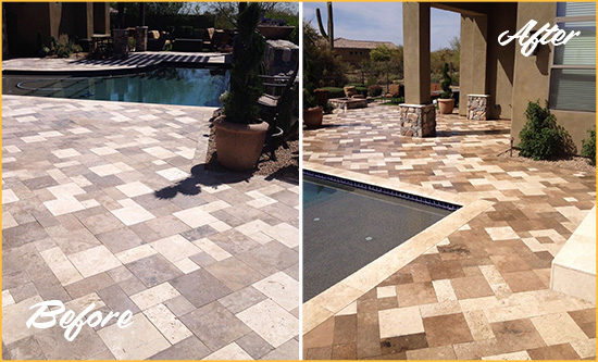 Before and After Picture of a Faded Grosse Pointe Park Travertine Pool Deck Sealed For Extra Protection