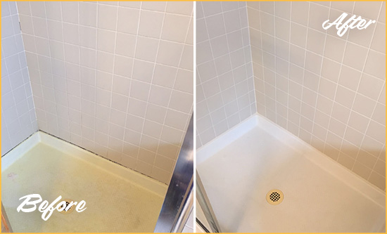 Before and After Picture of a Roseville Shower Sealed to Remove and Protect Against Mold