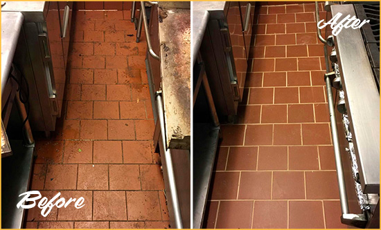 Before and After Picture of a Fraser Restaurant Kitchen Floor Sealed to Remove Soil