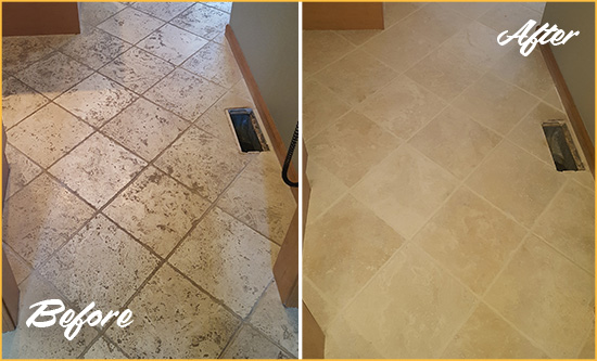 Before and After Picture of a Grosse Pointe Shores Kitchen Marble Floor Cleaned to Remove Embedded Dirt
