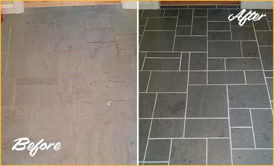 Before and After Picture of a Grosse Pointe Shores Slate Floor Cleaned to Remove Deep-Seated Dirt