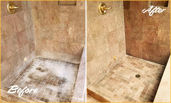 Before and After Picture of a Grosse Pointe Shores Travertine Shower Cleaned to Eliminate Water Spots