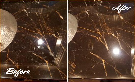 Before and After Picture of a Grosse Pointe Shores Marble Countertop Cleaned to Remove Water Spots