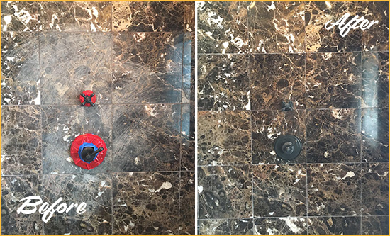 Before and After Picture of a Oxford Marble Shower Honed to Remove Scratches