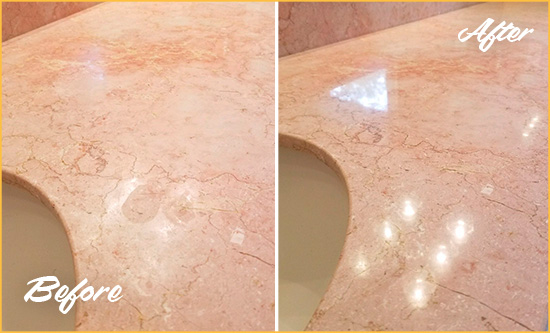 Before and After Picture of a Oxford Marble Vanity Top Honed to Eliminate Water Spots