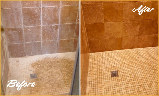 Before and After Picture of a Oxford Travertine Shower Honed to Remove Mineral Deposits