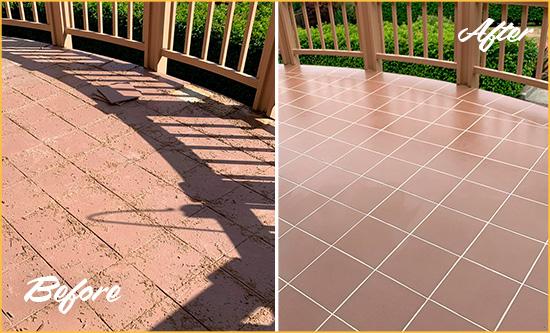 Before and After Picture of a Grosse Pointe Shores Hard Surface Restoration Service on a Tiled Deck