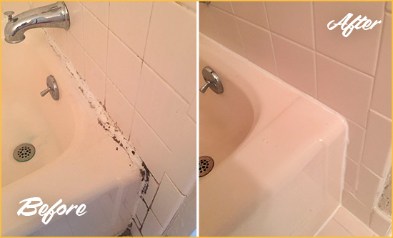 Before and After Picture of a Sterling Heights Hard Surface Restoration Service on a Tile Shower to Repair Damaged Caulking