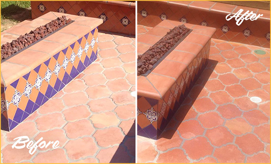 Before and After Picture of a Grosse Pointe Shores Hard Surface Restoration Service on a Dull Terracotta Patio Floor to Recover Its Color