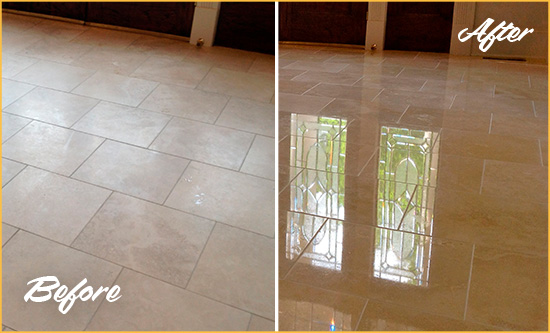 Before and After Picture of a Grosse Pointe Shores Hard Surface Restoration Service on a Dull Travertine Floor Polished to Recover Its Splendor