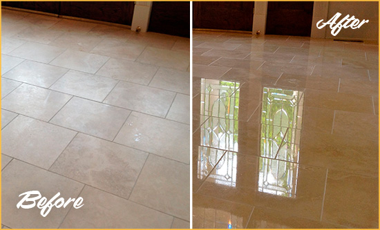 Before and After Picture of a Ferndale Hard Surface Restoration Service on a Dull Travertine Floor Polished to Recover Its Splendor