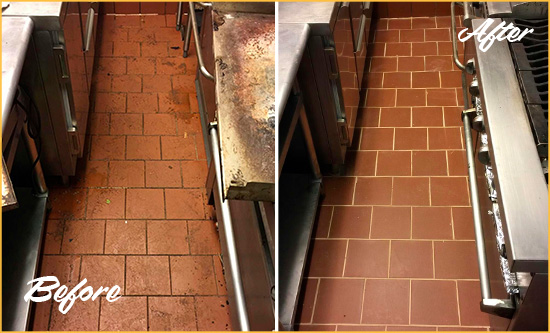 Before and After Picture of a Clawson Hard Surface Restoration Service on a Restaurant Kitchen Floor to Eliminate Soil and Grease Build-Up