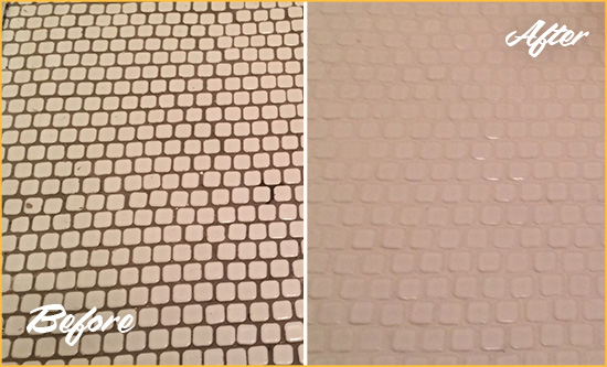 Before and After Picture of a Grosse Pointe Shores Hard Surface Restoration Service on a Bathroom Tile Floor Recolored to Fix Grout Color