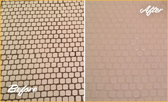 Before and After Picture of a Harper Woods Hard Surface Restoration Service on a Bathroom Tile Floor Recolored to Fix Grout Color