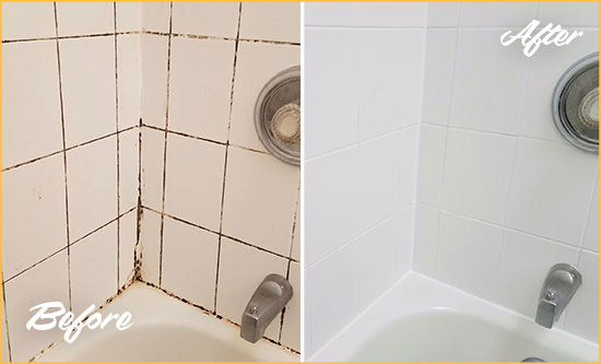 Before and After Picture of a Troy Tub Grout Cleaned to Eliminate Mold