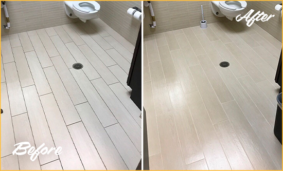 Before and After Picture of a Grosse Pointe Shores Office Restroom's Grout Cleaned to Remove Dirt