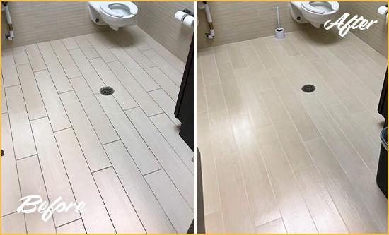 Before and After Picture of a Harper Woods Office Restroom's Grout Cleaned to Remove Dirt