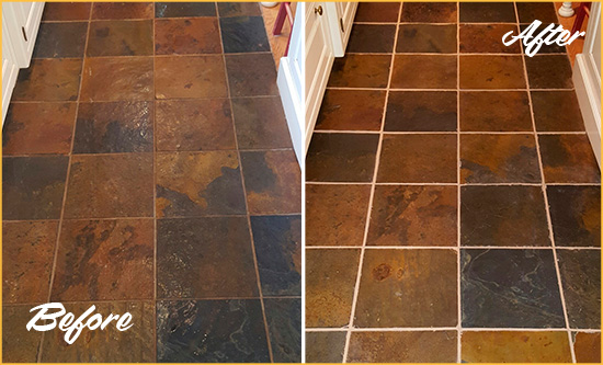 Before and After Picture of Grosse Pointe Shores Slate Floor Grout Cleaned to Remove Dirt