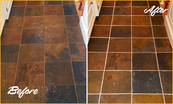 Before and After Picture of Birmingham Slate Floor Grout Cleaned to Remove Dirt