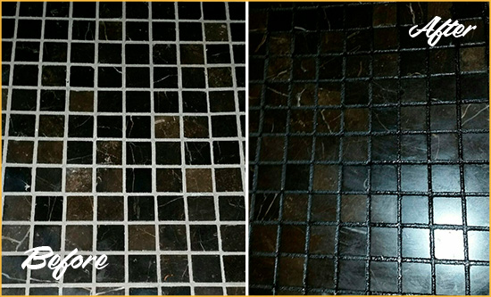 Before and After Picture of a Beverly Hills Black Floor with Recolored Grout